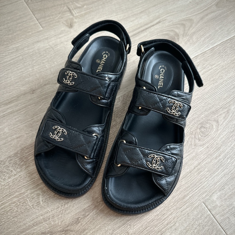 CHANEL Black Leather Logo Sandals